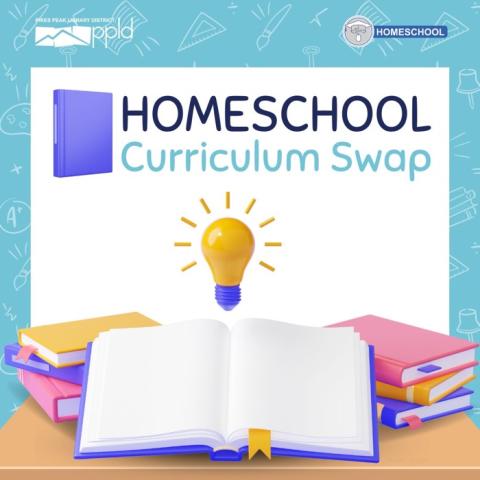 Graphic with A book and an light bulb that says Homeschool Curriculum Swap