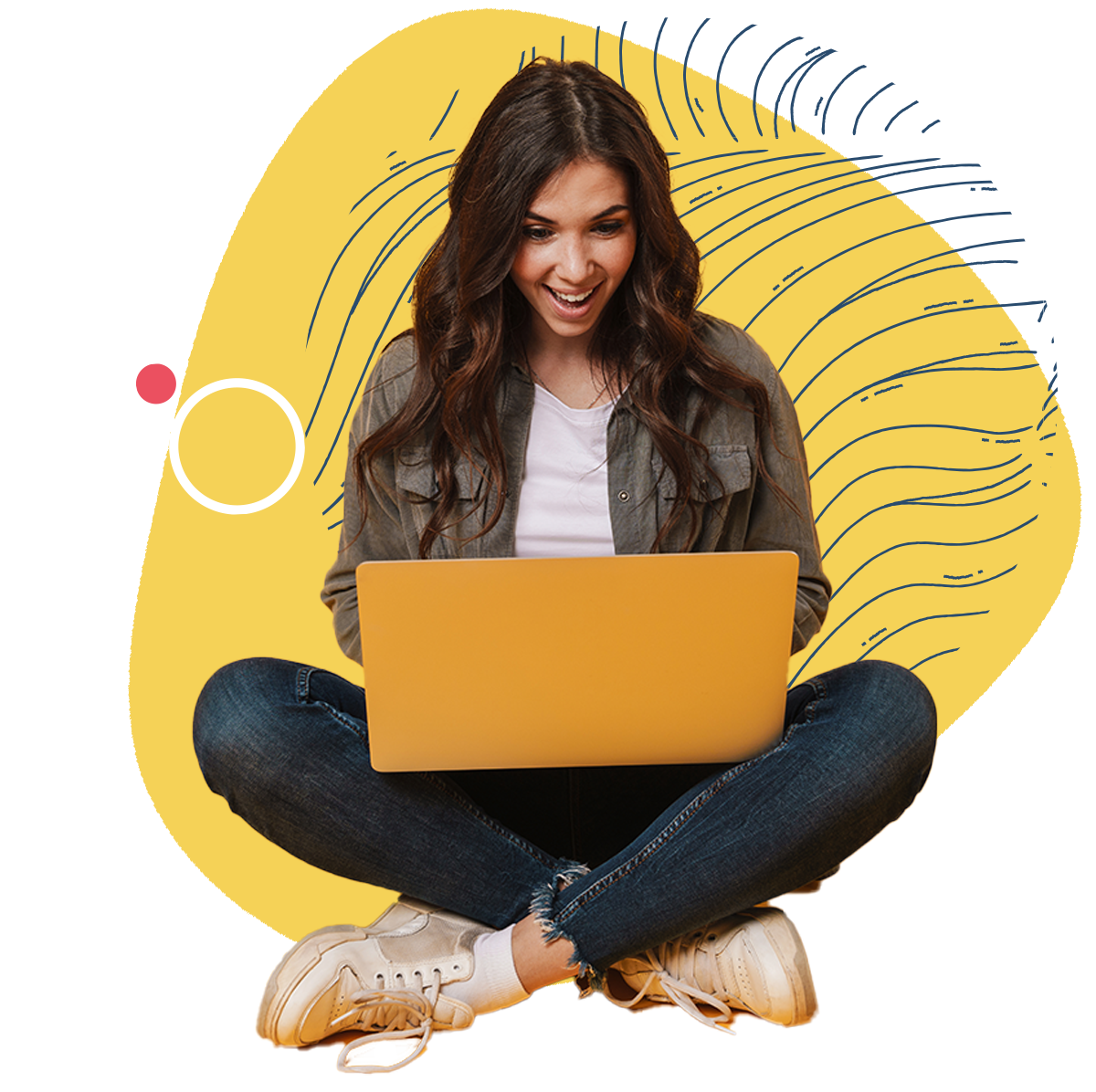 Girl sitting cross-legged on floor using a laptop