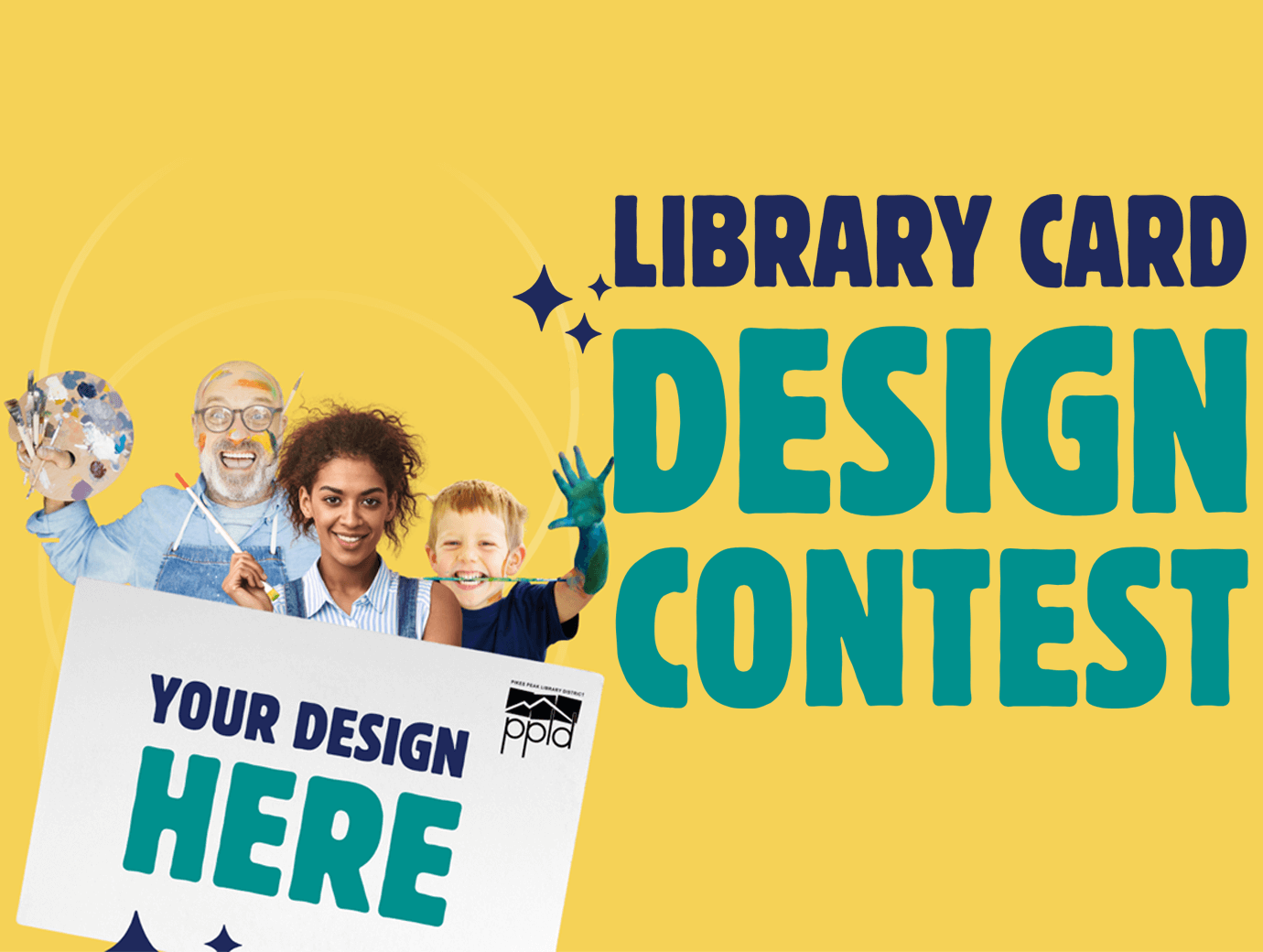 Library Card Design Contest headline with featured artists holding a sign