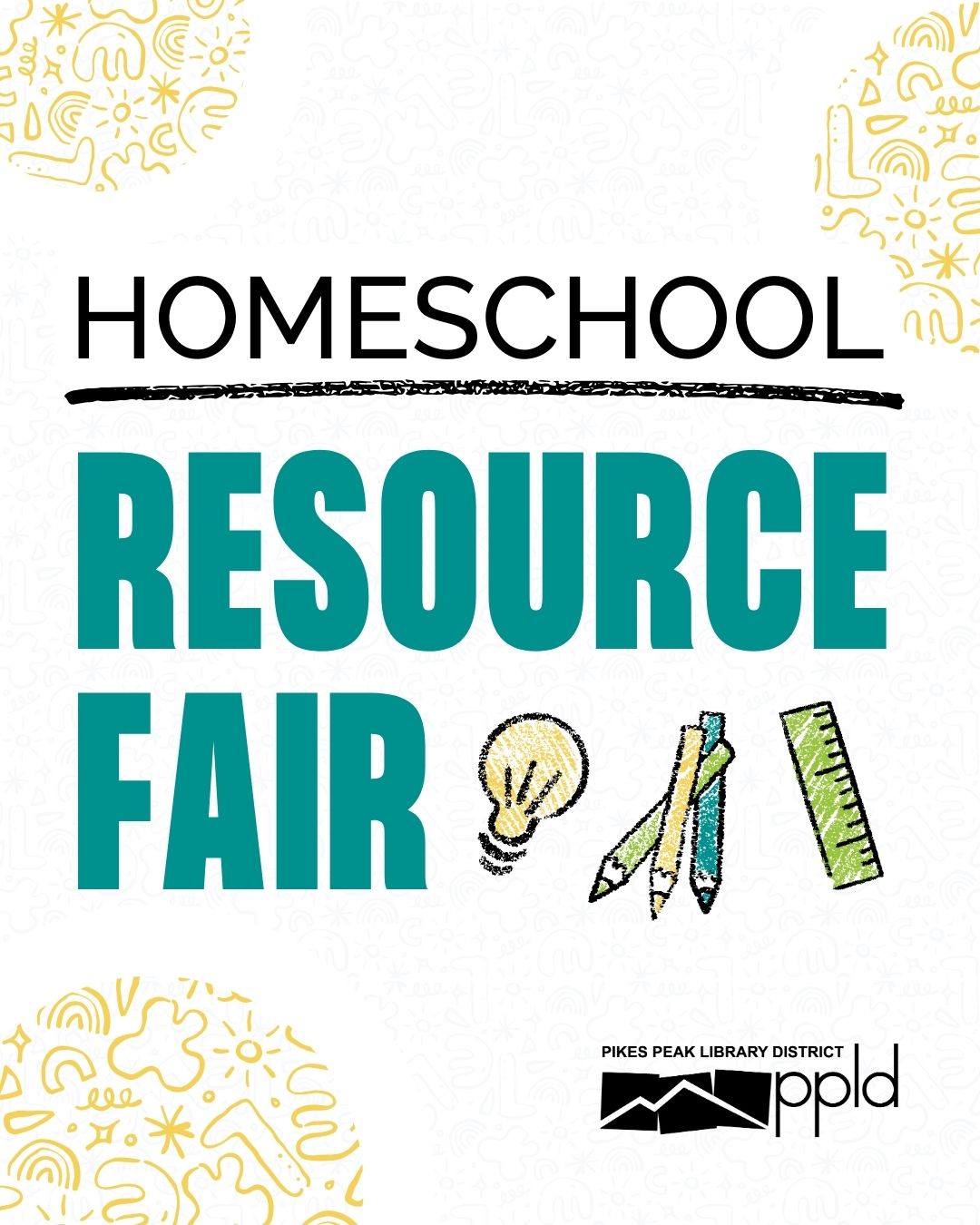 Cover Artwork with the title "Homeschool Resource Fair" featuring a drawing of a lightbulk, pencils, and a ruler.