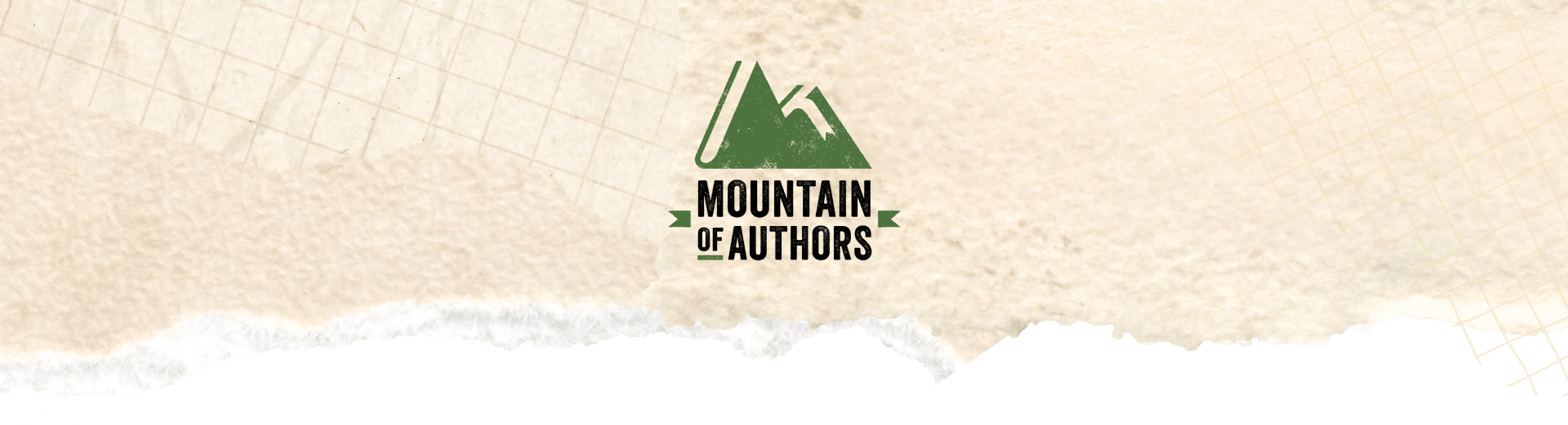 A stack of Books resembling a green mountain with the words "Mountain Of Authors"