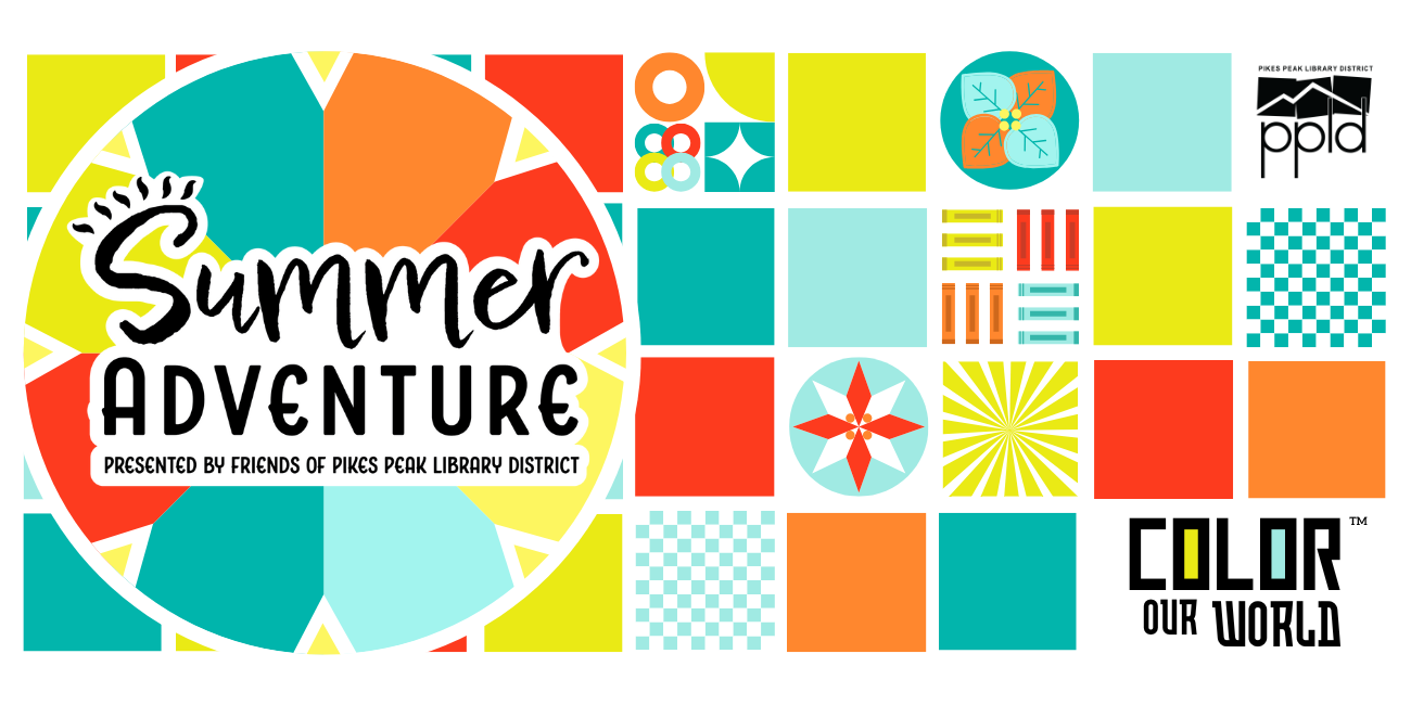 A colorful pattern of squares with the headline "summer Adventure, Color our world"