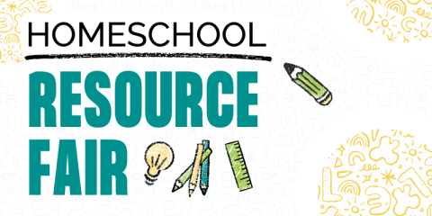 Homeschool Resource Fair With an illustration of a light bulk, a pencil and a Ruler