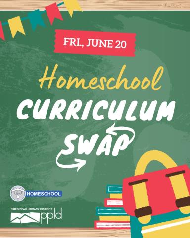 A chalkboard with the headline "Homeschool Curriculum Swap Fri. June 20"