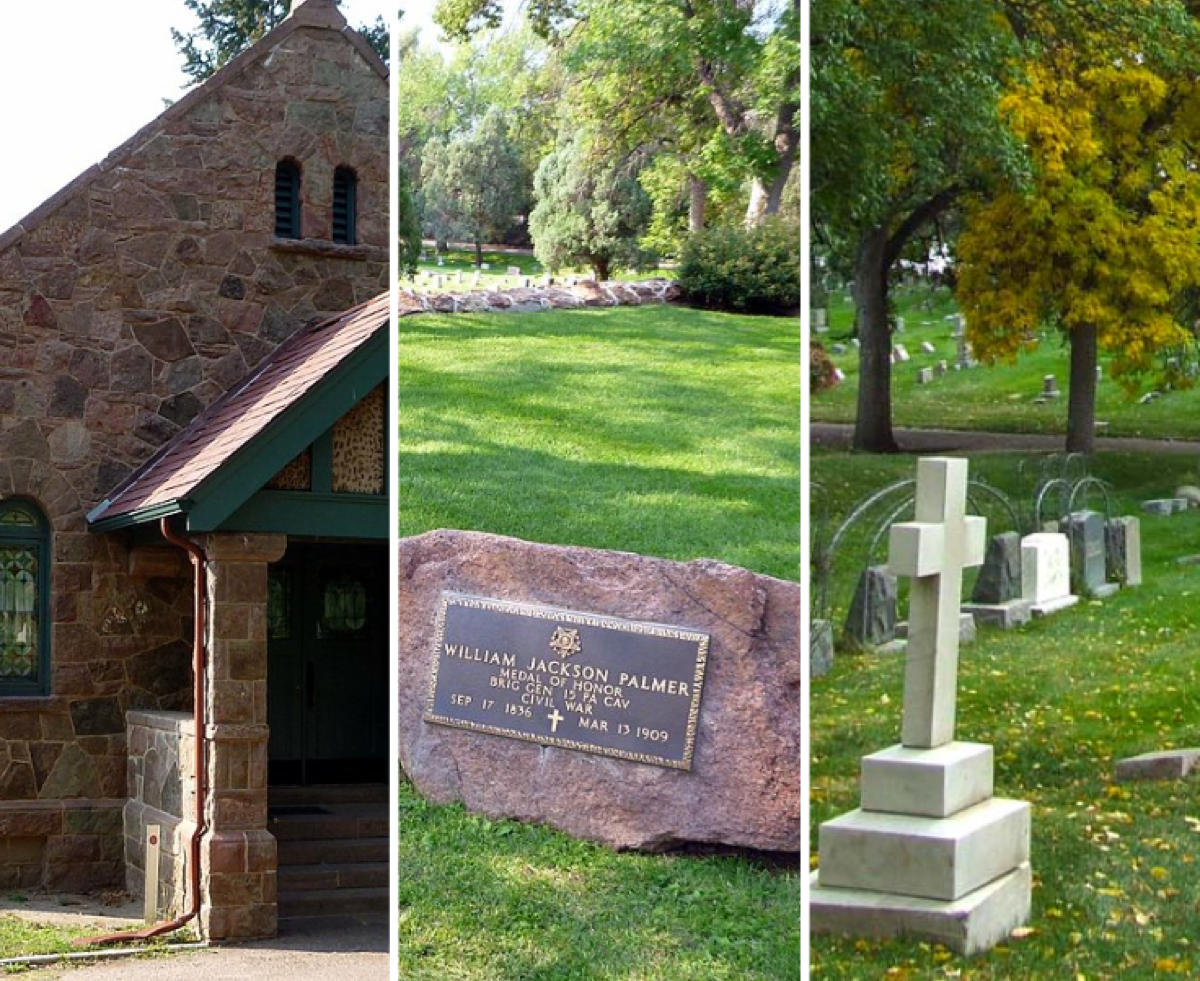 Three photos of a stone building, a cemetary, and a tombstone