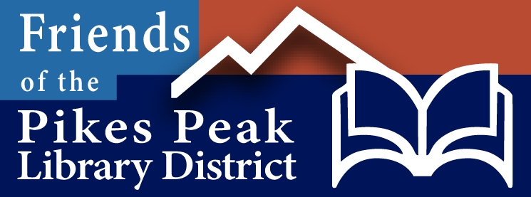 Friends of the Pikes Peak Library District Logo. A white outline of a book with a mountain illustration in the background with a teal, blue, and red blocks