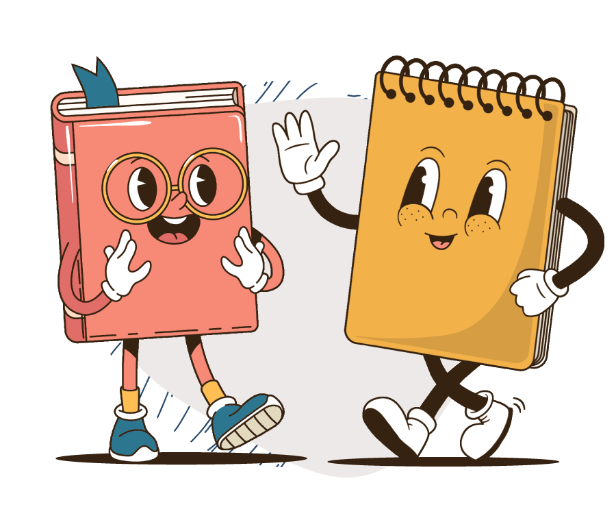 An illustration of book character and a notebook character talking together