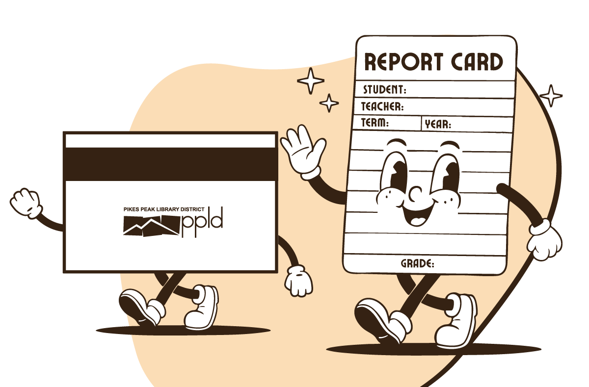 An Illustration of a Report Card and a Library card walking together