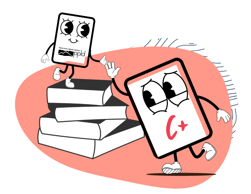 Illustration of two cartoon characters, one is a PPLD Library card and the other is a report card and their high fiving each other
