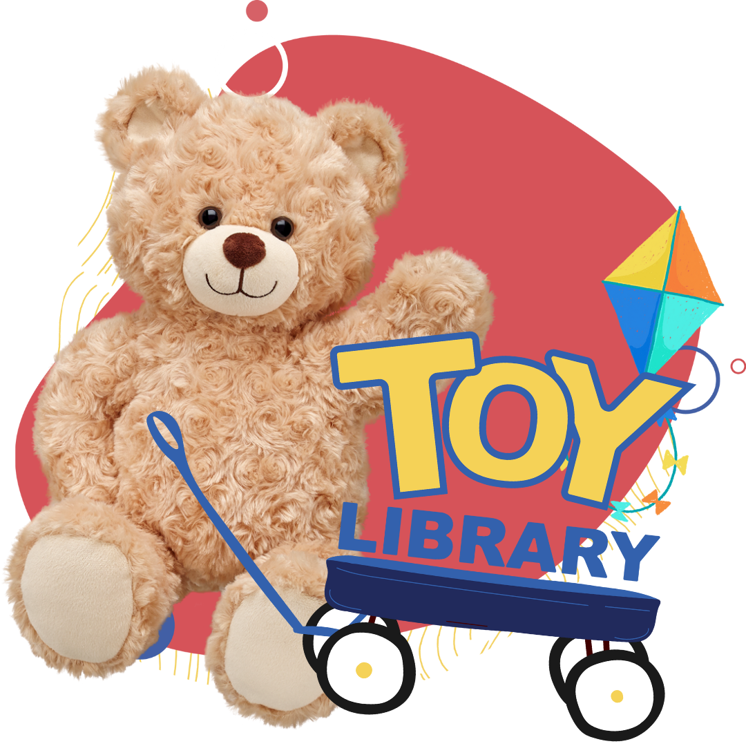 A stuff teddy bear next to a toy wagon with the headline "Toy Library"