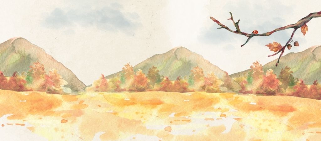 A watercolor painting of a landscape with mountains in the background.