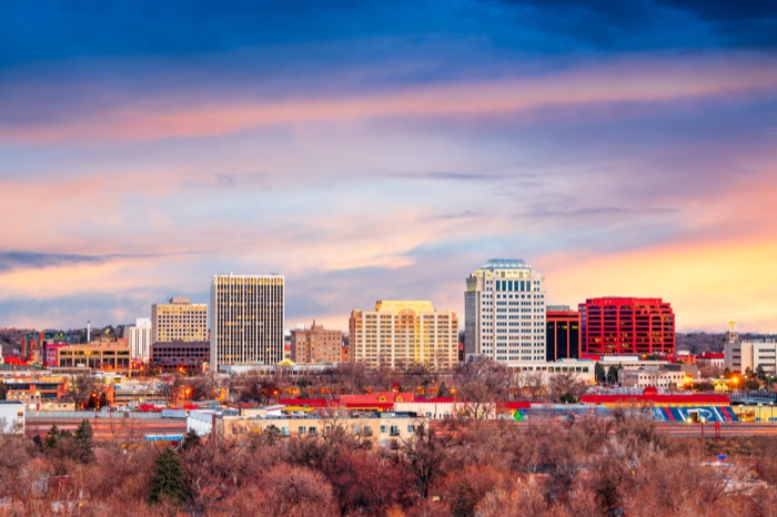 A skylight photo of Colorado Springs during sunset