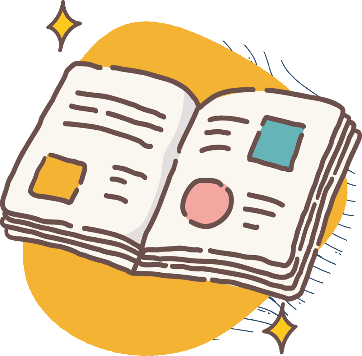drawing of an open textbook with a yellow background