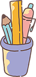 a drawing of a pencil, ruler, and pen in a cup holder