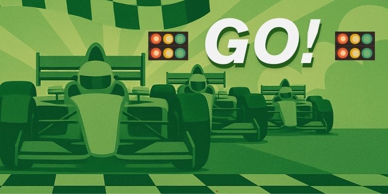 A green illustration of racecars lining up on a track with the word "Go!"