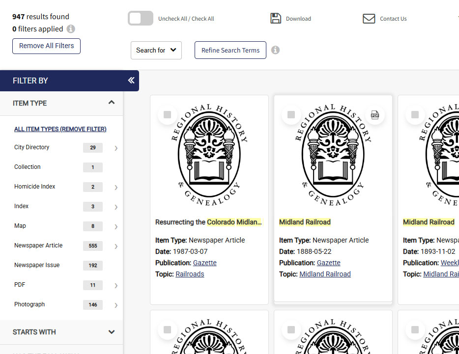 Screen shot of Items Types on the Digital Collections screen
