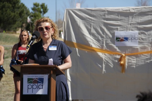 Teona Shainidze Krebs speaking at the Pony Tracks Purchasing celebration