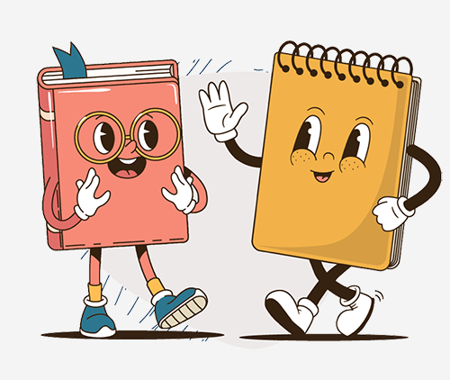 An illustration of book character and a notebook character talking together