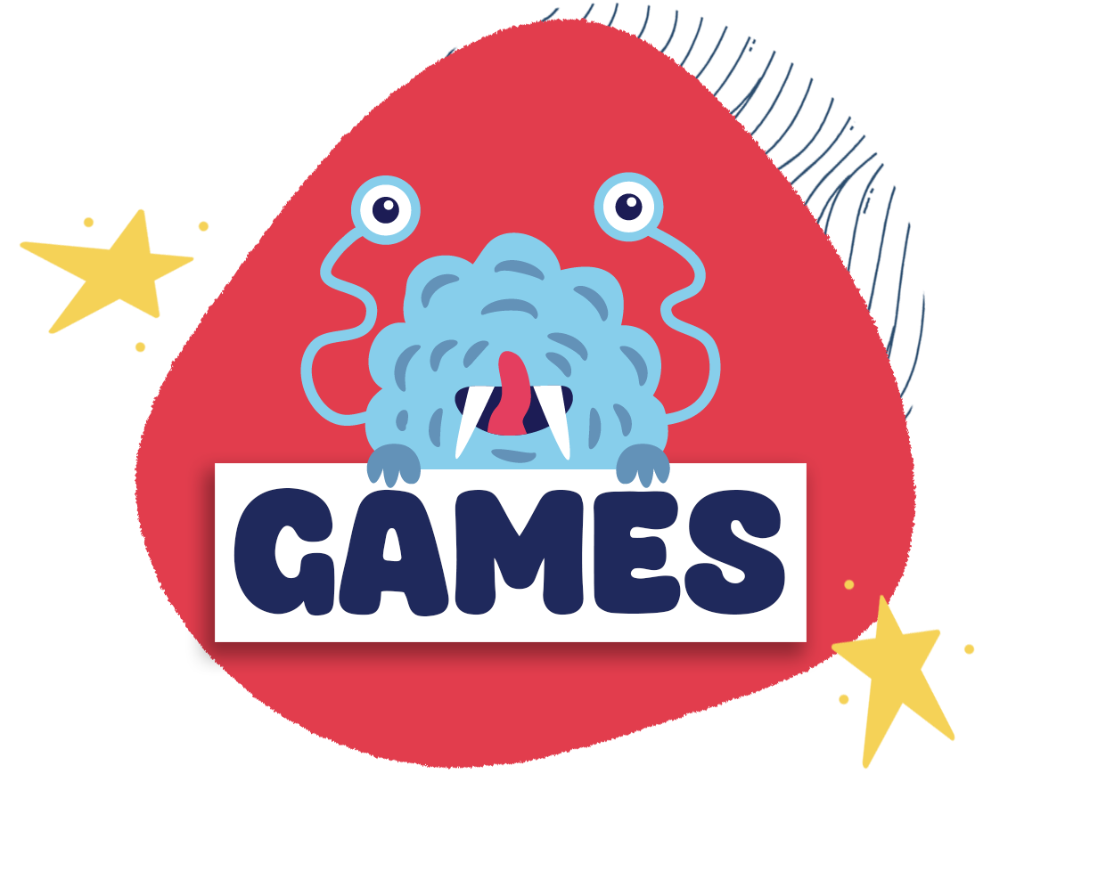 a button for Games with a cute blue colored monster with antenna eyes