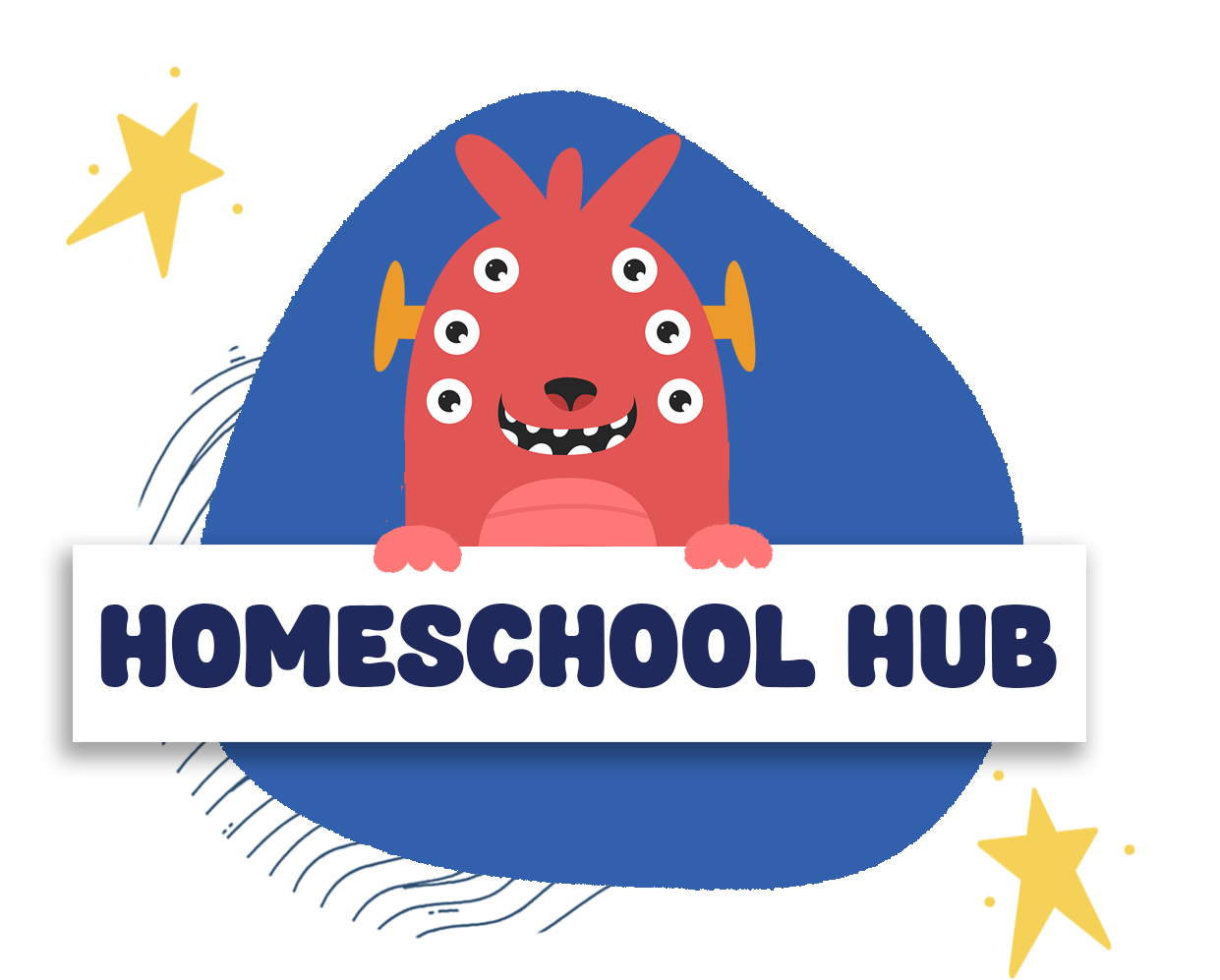 Cute red monster with six eyes and orange ears holding a homeschool hub sign