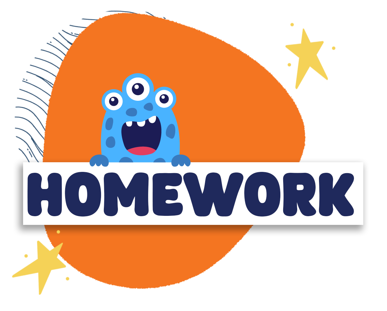 a button for homework with text and a cute monster looking over the text