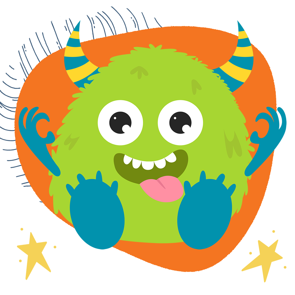 a cute green monster with horns on an orange blob background
