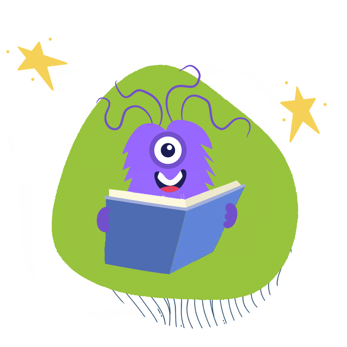 a purple monster reading a book on a green blob background