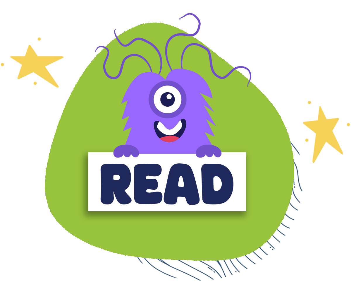 a button for Read with a cute purple colored monster with long antennas