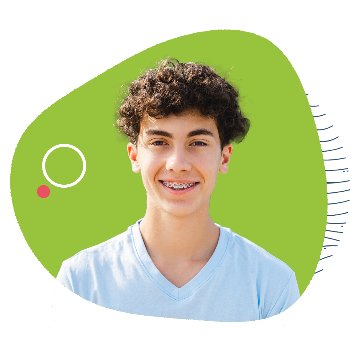 smiling teen boy with braces and curly hair on a green background