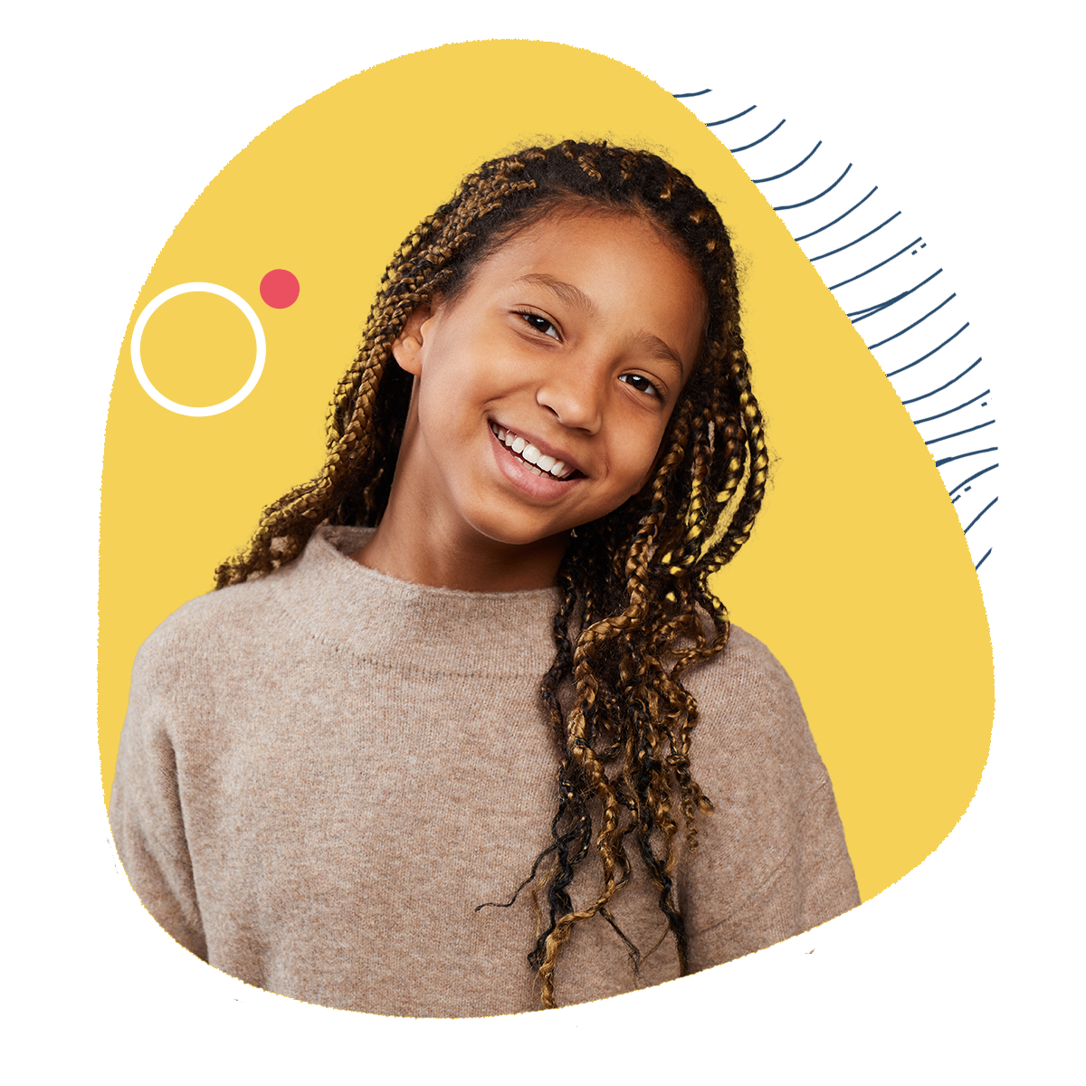 smiling tween girl with braids on a yellow background