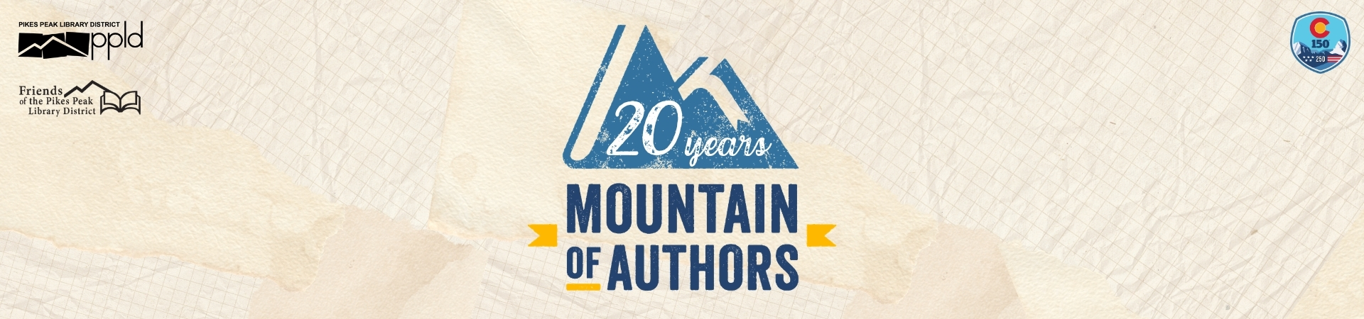 Mountain of Authors 20th logo banner with a mountain shape that resembles a stack of books