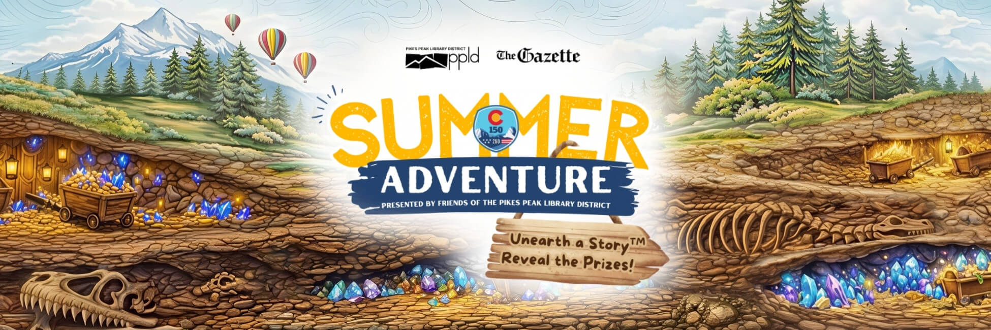An illustrated mountainous landscape with the headline "Summer Adventure Presented by the Pikes Peak Library District" Headline.