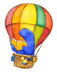 Dinosaur Character flying on a hot hair balloon reading a book