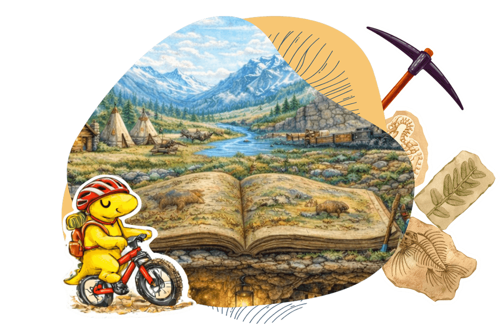 A illustration of a colorado landscape with a Dinosaur riding a bike with fossils and a pickaxe scattered around the artwork