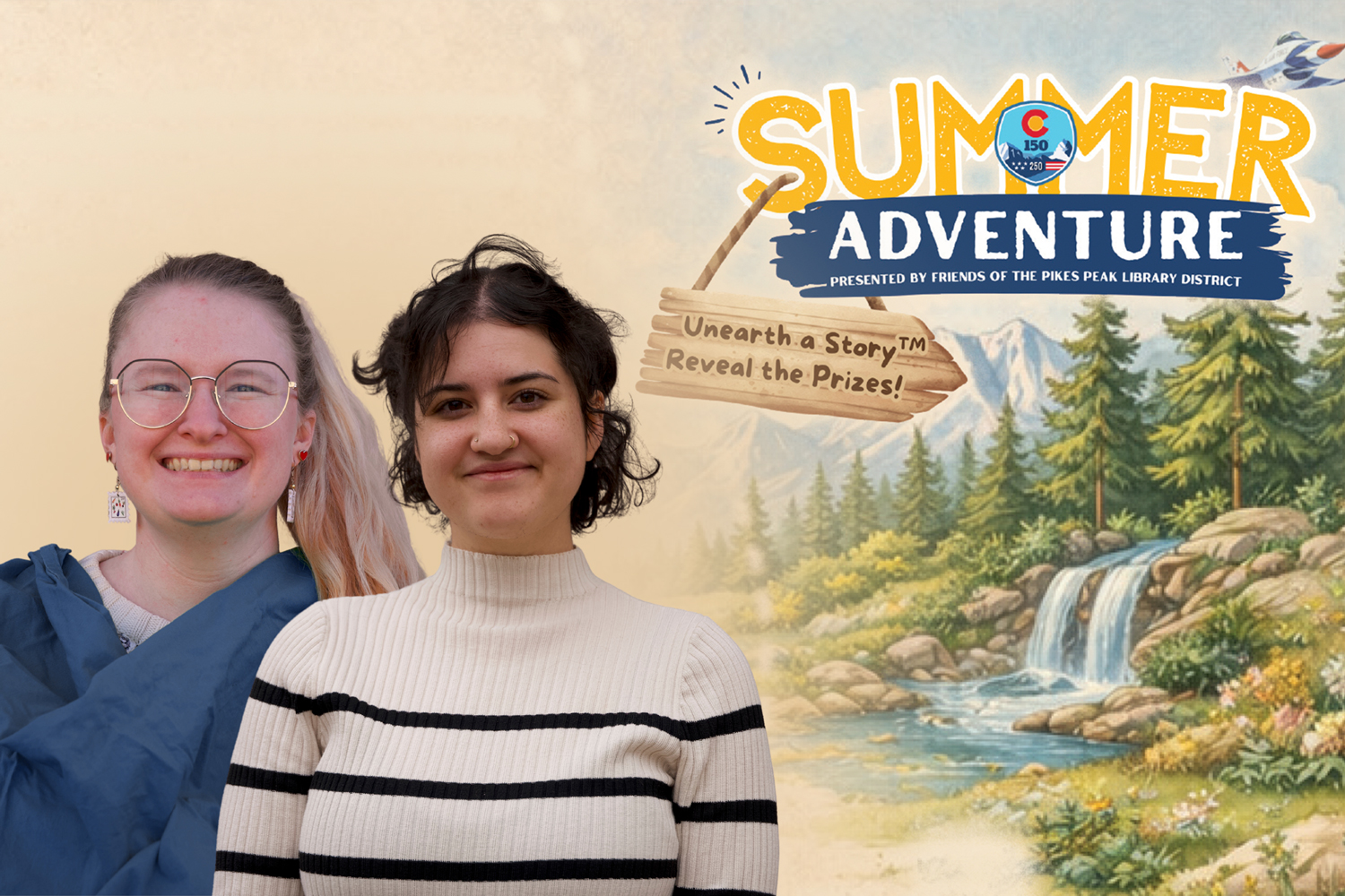 Two Staff members posing together in front of a illustrated waterfall with the headline "summer Adventure"