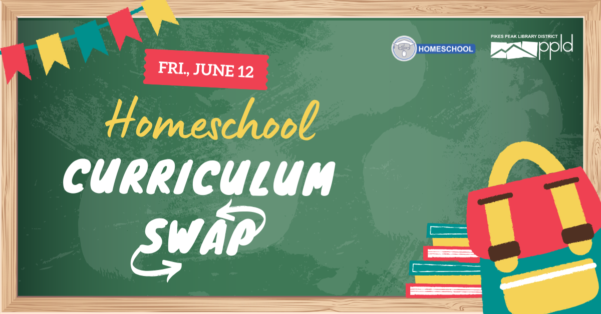 A chalkboard with the headline "Homeschool Curriculum Swap Fri. June 12"