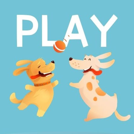 A graphic with two dogs playing on a blue background with the word PLAY as the title
