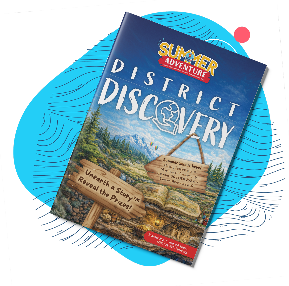 Cover Artwork of the District Discovery Summer Edition. Featuring a mountainous landscape on the cover