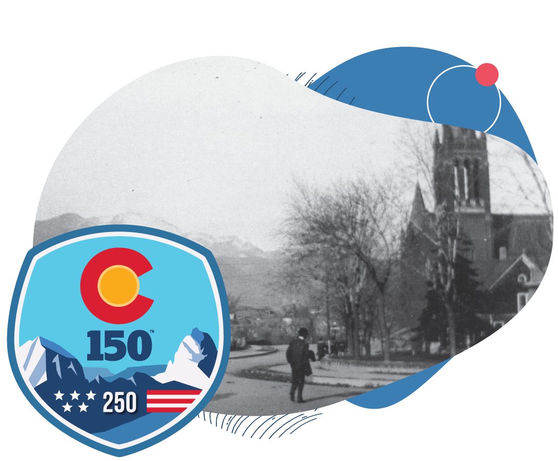 150-250 Colorado Campaign badge with a black and white photo of colorado springs