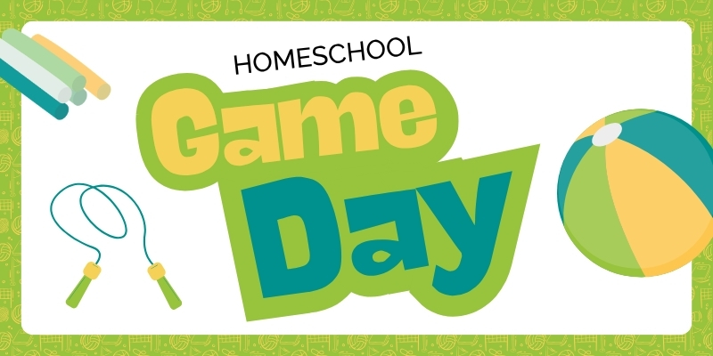 homeschool game day logo 2026 with text, a beach ball, sidewalk chalk and a jump rope in greens and yellow