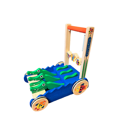 Colorful wooden toddler push toy features snapping green alligator heads, decorative side wheels, and a handle with spinning beads.