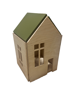 Small wooden model house with tall windows and a green roof