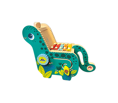 Dinosaur-shaped xylophone toy with colorful keys, gears, and leaf patterns.