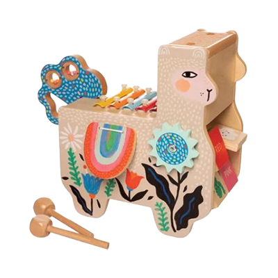  Colorful wooden llama-shaped toy with xylophone on top, decorated with floral patterns and playful eyes.