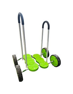 Green, caterpillar-shaped child’s walker with four black wheels and handles.