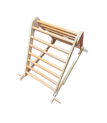 Wooden climbing triangle with evenly spaced rungs.