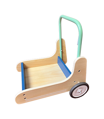 Wooden toy cart with a light blue handle, blue side accents, and two white wheels.