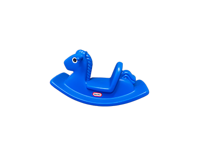 Blue plastic rocking horse with a smiling face and a seat.