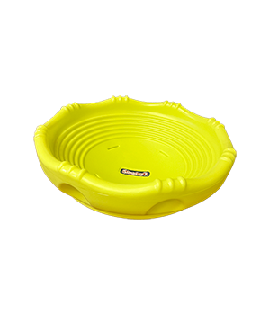 Bright yellow, plastic disk with ribbed sides.