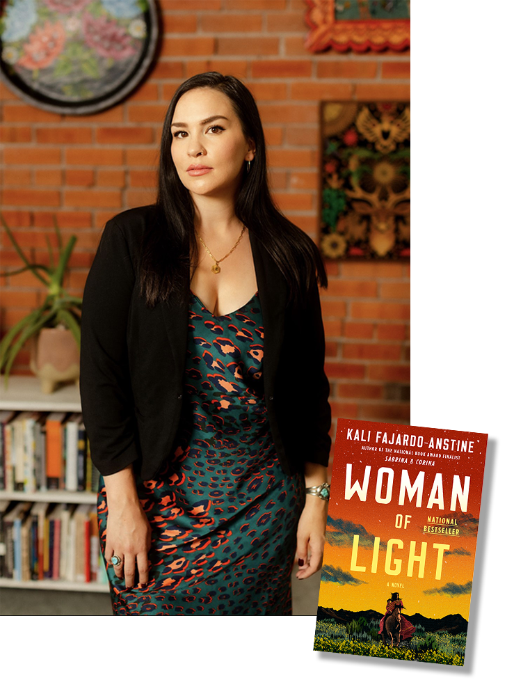 Photo of author Kali Fajardo-Anstine and an image of her book, "Woman of Light"